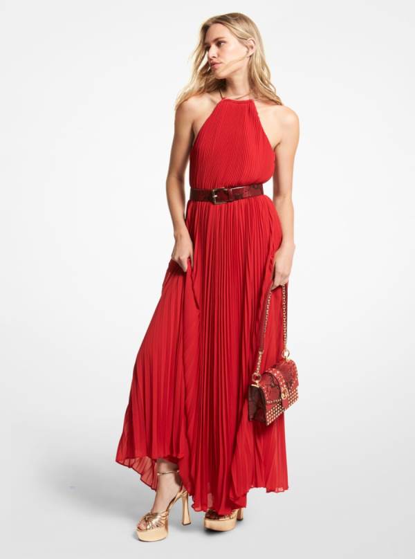 Damske Saty Michael Kors Pleated Georgette Halter Červené - Oblecenie Michael Kors Obchod | GYXFN-0214